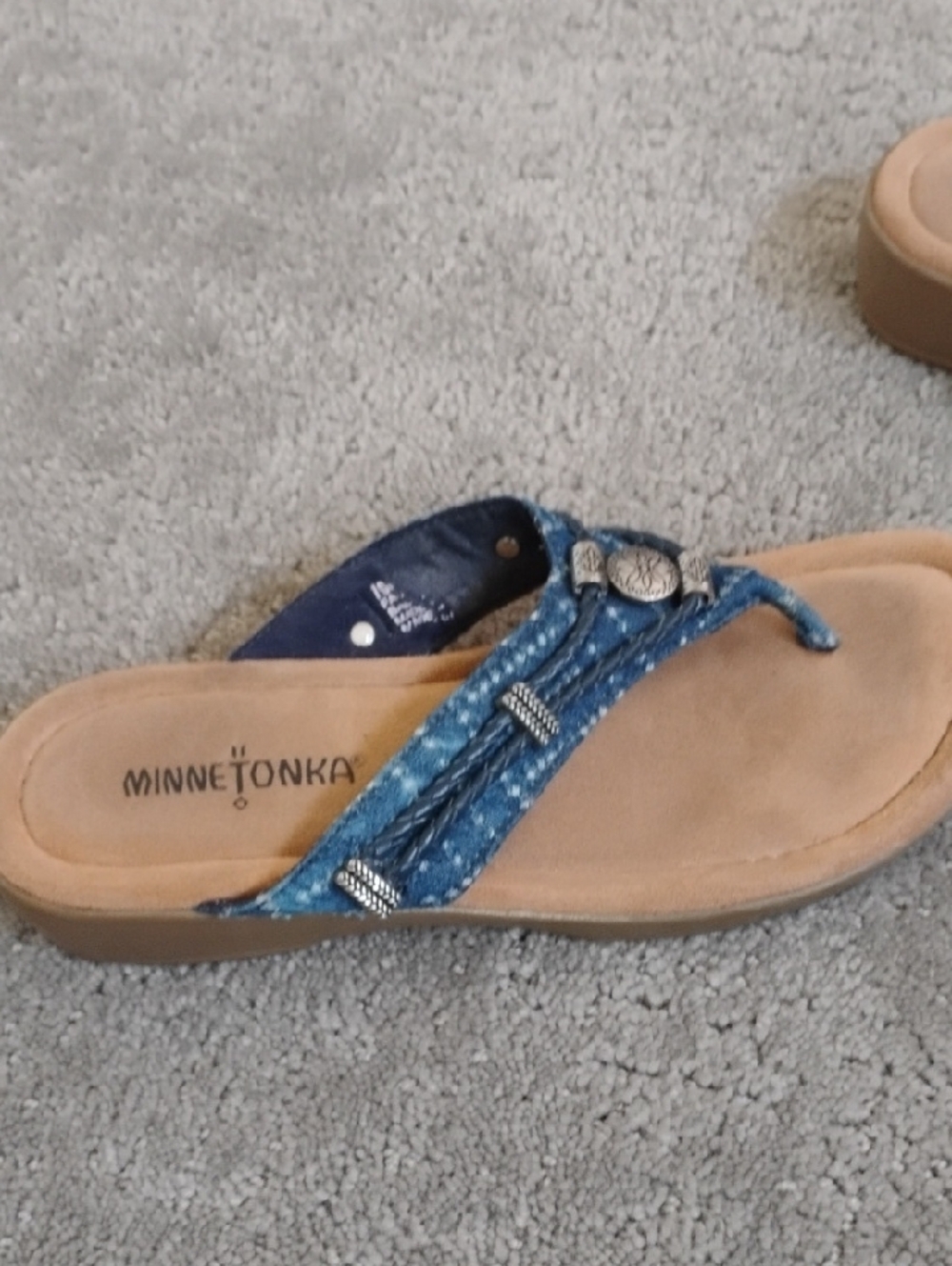 Minnetonka Blue Denim Thong Sandals with Silver Conchos - Picture 3 of 6